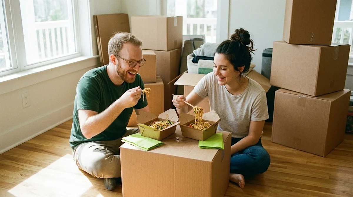 Candid 35mm film lifestyle photography of a happy couple taking a break from moving to eat a delicious takeout meal. They are