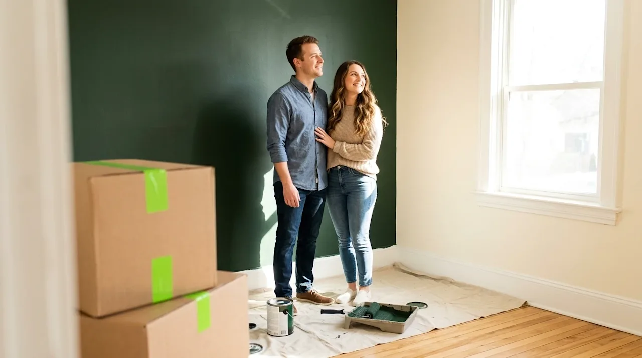 Professional marketing photography of a young couple standing together in their new home, warmly smiling and admiring a fresh