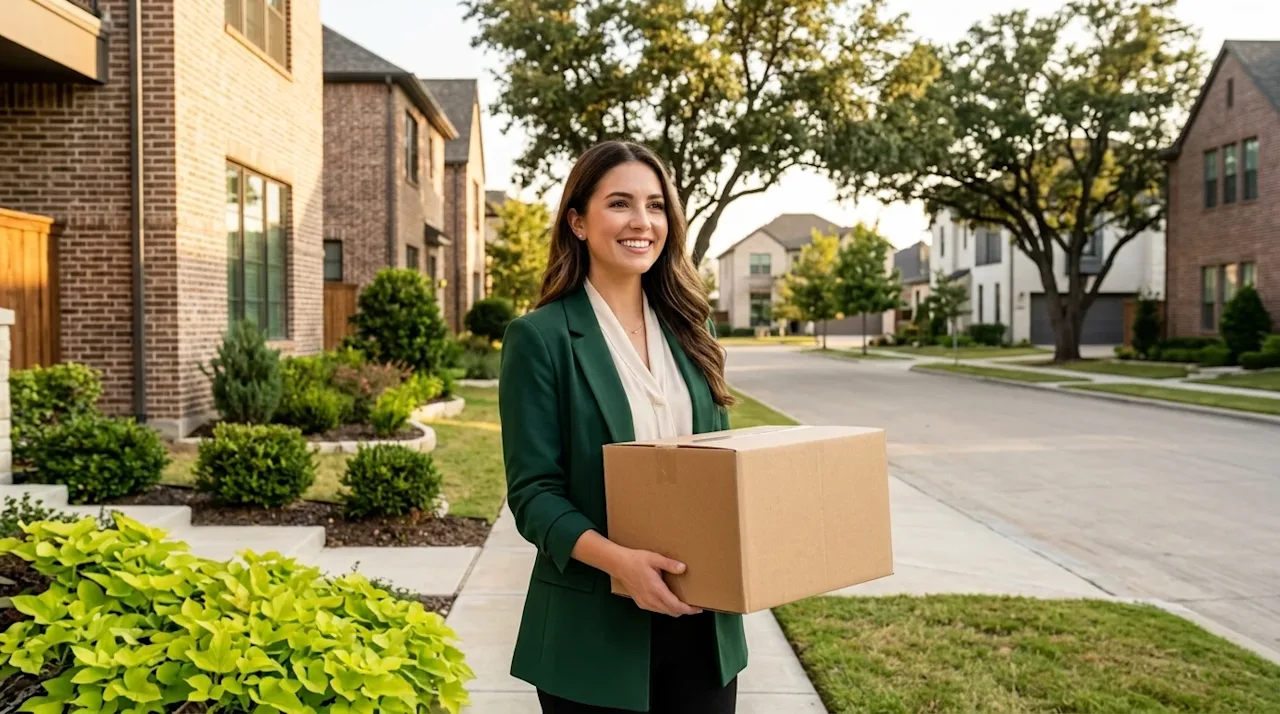 Professional marketing lifestyle photography of a smiling, well-dressed young professional woman standing on the tree-lined s