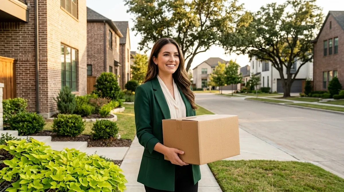 Professional marketing lifestyle photography of a smiling, well-dressed young professional woman standing on the tree-lined s