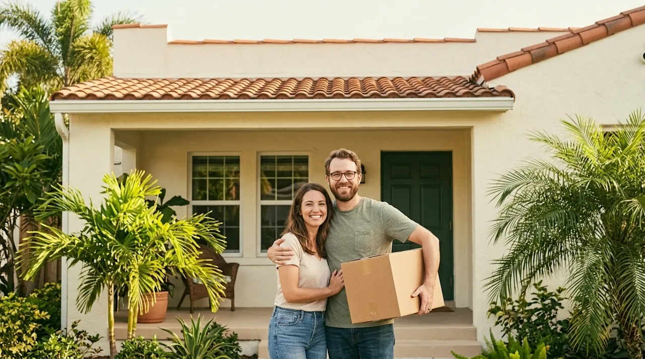 Professional marketing photography of a smiling couple standing proudly in front of a beautiful, sunny Florida-style home wit