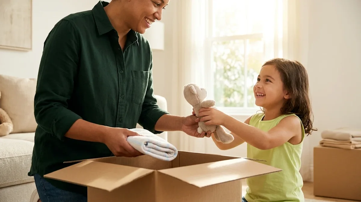Clear and professional lifestyle marketing photography. A heartwarming, candid shot of a happy family working together on mov