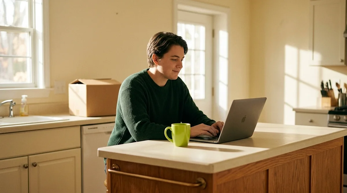 Professional marketing photography, a relatable, candid slice-of-life shot of a person sitting at a warm wooden kitchen islan