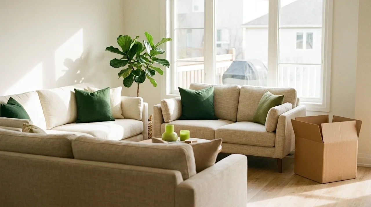 A photorealistic lifestyle photograph of a brightly lit, harmonious living room perfectly staged for selling a home using Fen