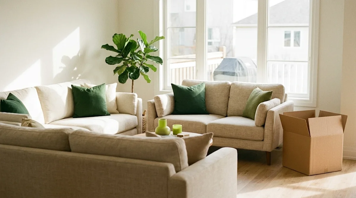 A photorealistic lifestyle photograph of a brightly lit, harmonious living room perfectly staged for selling a home using Fen