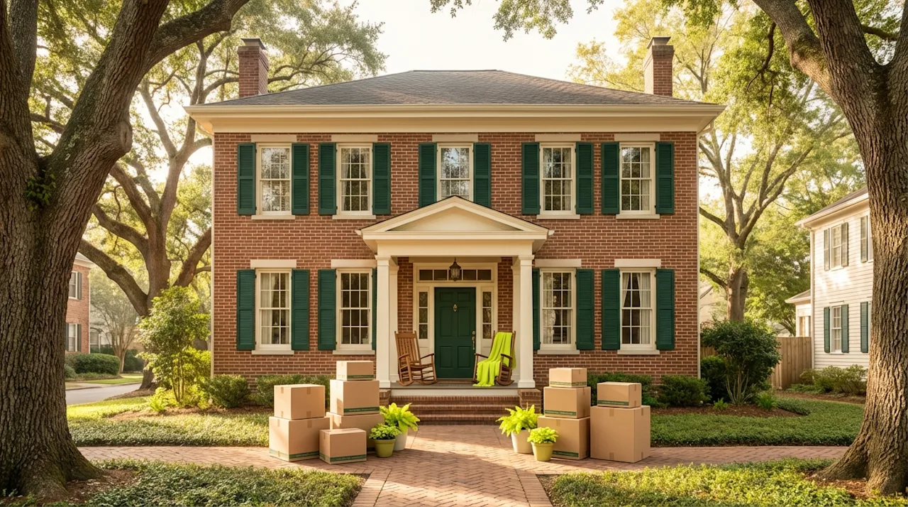 Moving boxes on the walkway of a charming brick home with green shutters and mature trees in Covington.