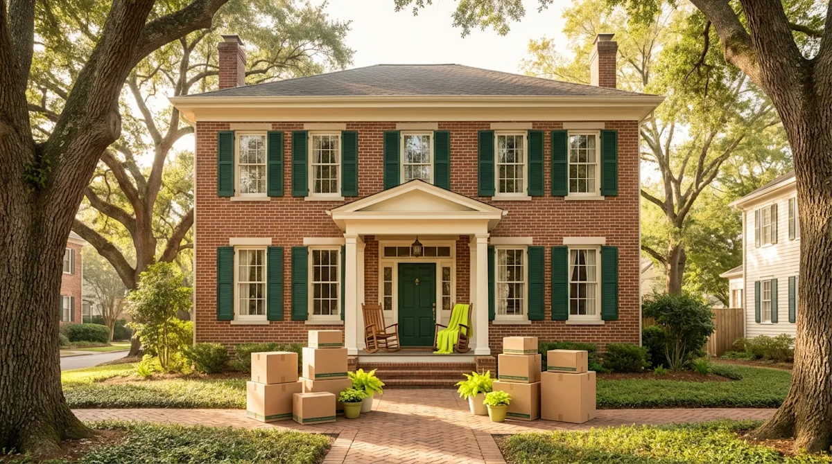Moving boxes on the walkway of a charming brick home with green shutters and mature trees in Covington.