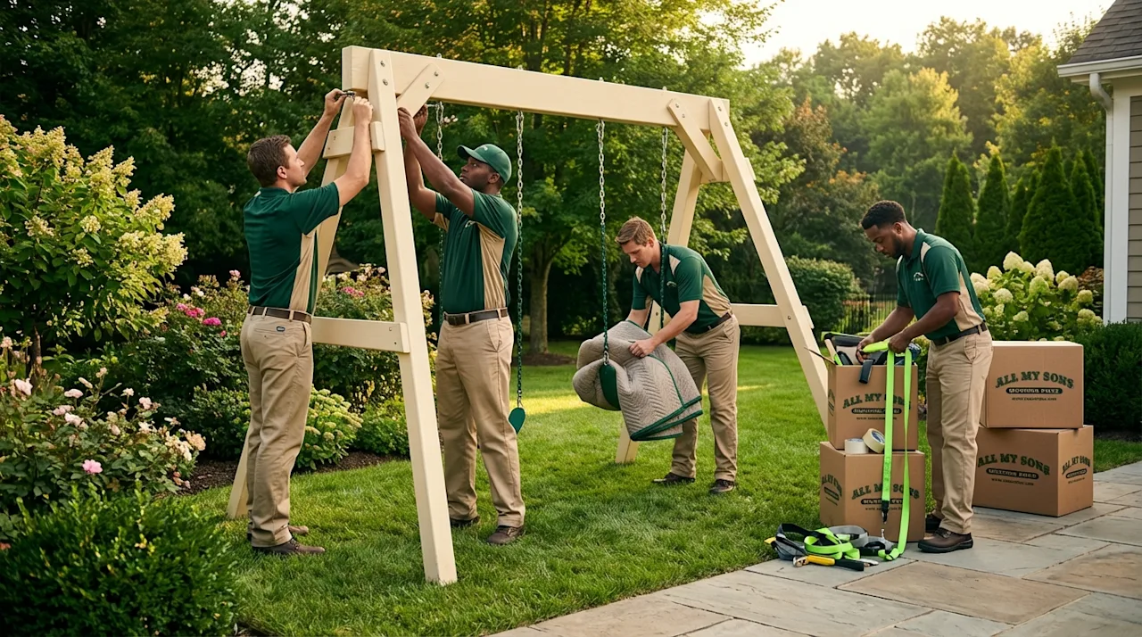Professional movers in uniform disassembling a wooden backyard swing set for relocation with moving supplies.