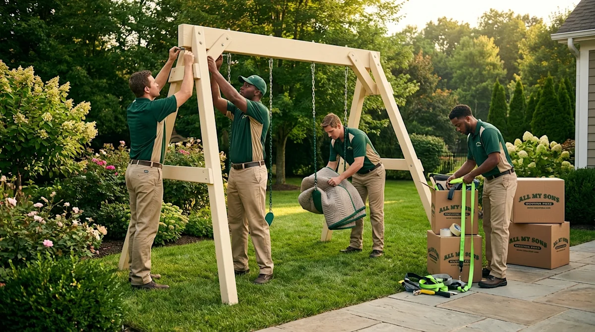 Professional movers in uniform disassembling a wooden backyard swing set for relocation with moving supplies.