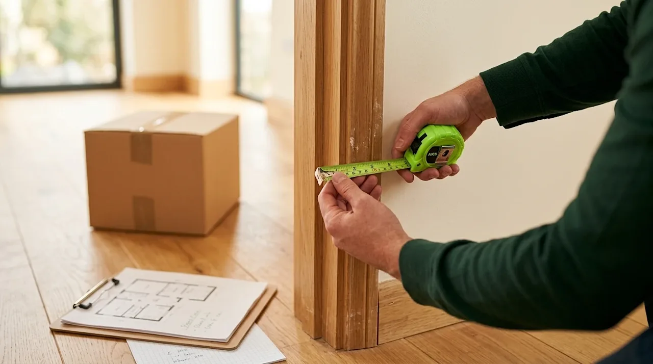 Clear, professional marketing photography of a person's hands holding a bright lime-green tape measure, carefully measuring a