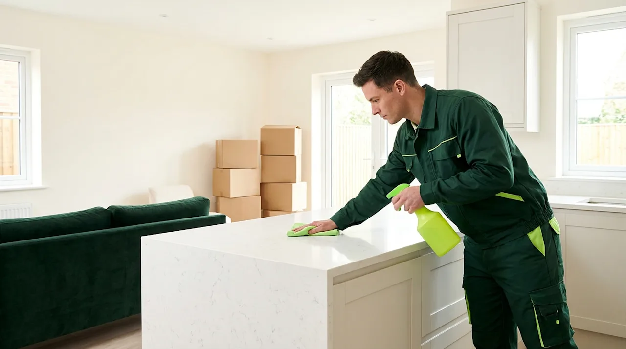 Professional cleaner wiping a kitchen island in a modern home with stacked moving boxes in the background.