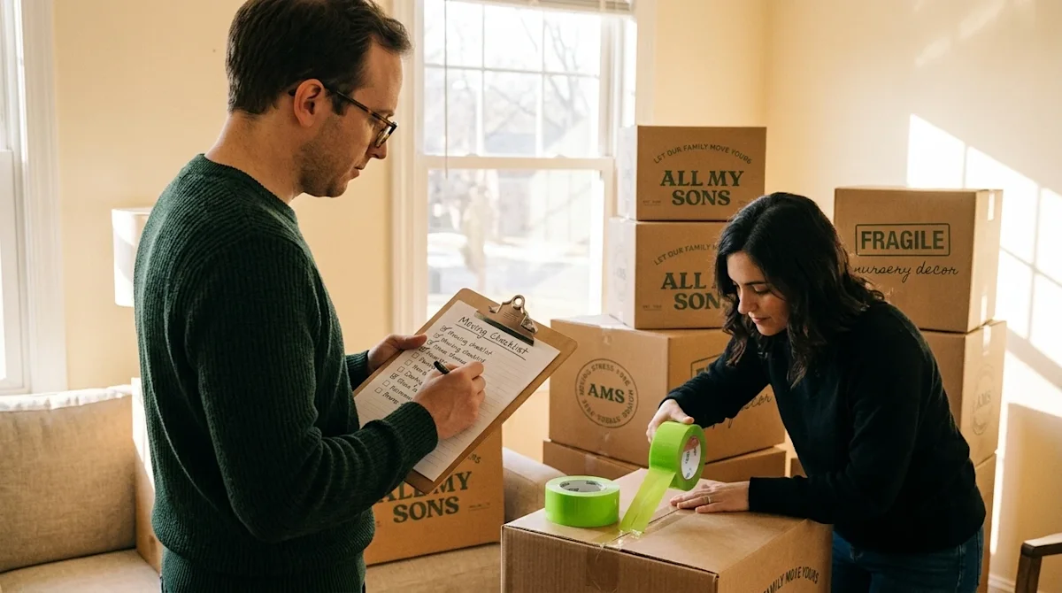 A candid, authentic lifestyle photograph of a couple in a cozy, lived-in living room, finalizing preparations right before a