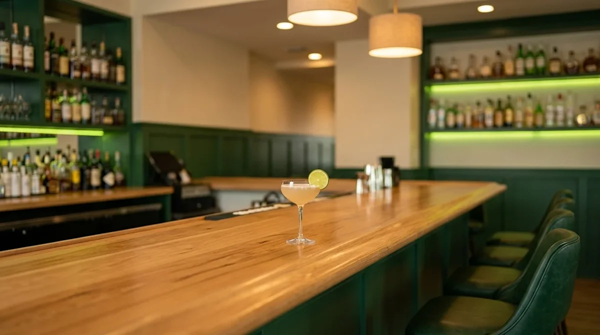 Clear, professional marketing photography of an inviting and stylish bar interior in Fort Myers, Florida. The composition fea