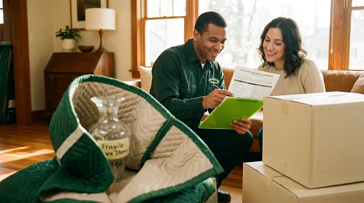 Candid lifestyle photography of a friendly professional mover in a dark forest green uniform reviewing moving documents with