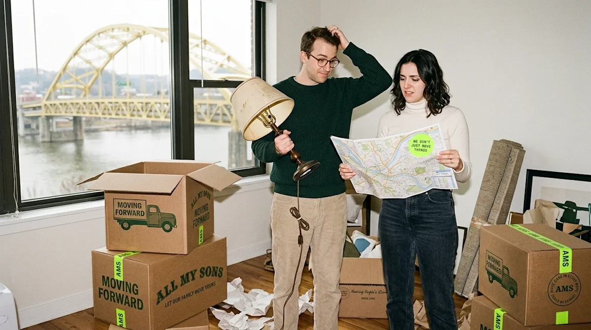 Candid lifestyle photography shot on 35mm film with a slightly warm, vintage aesthetic. A relatable young couple stands in th