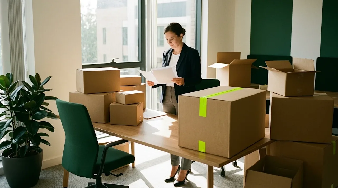 A realistic lifestyle photograph capturing the process of relocating a business. Inside a modern, partially packed office spa