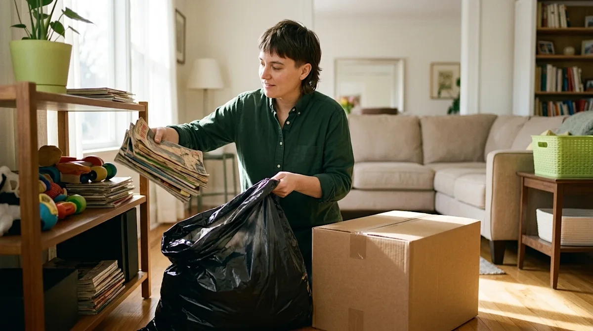 A candid, high-quality lifestyle photograph of a person decluttering a bright, warmly lit living room in preparation for a re