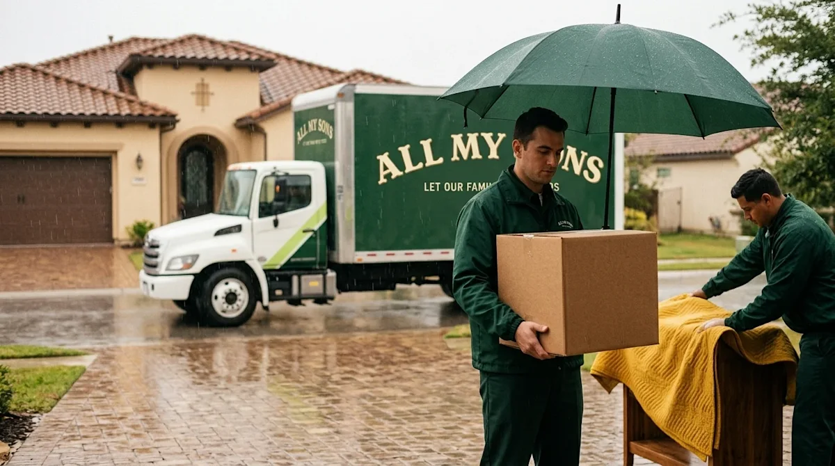 Professional marketing photography, warm 35mm film aesthetic with a nostalgic yet modern feel. A rainy day in a residential n