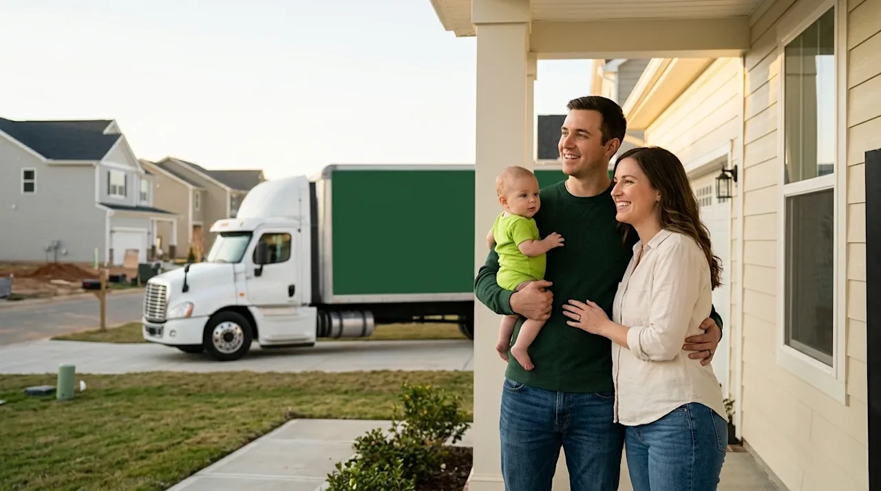 Professional marketing photography of a hopeful young family standing happily on the welcoming front porch of a newly constru