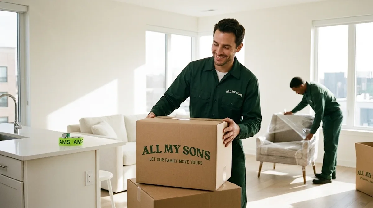 High-quality candid lifestyle photography. A friendly, professional mover wearing a neat dark forest green uniform shirt is c