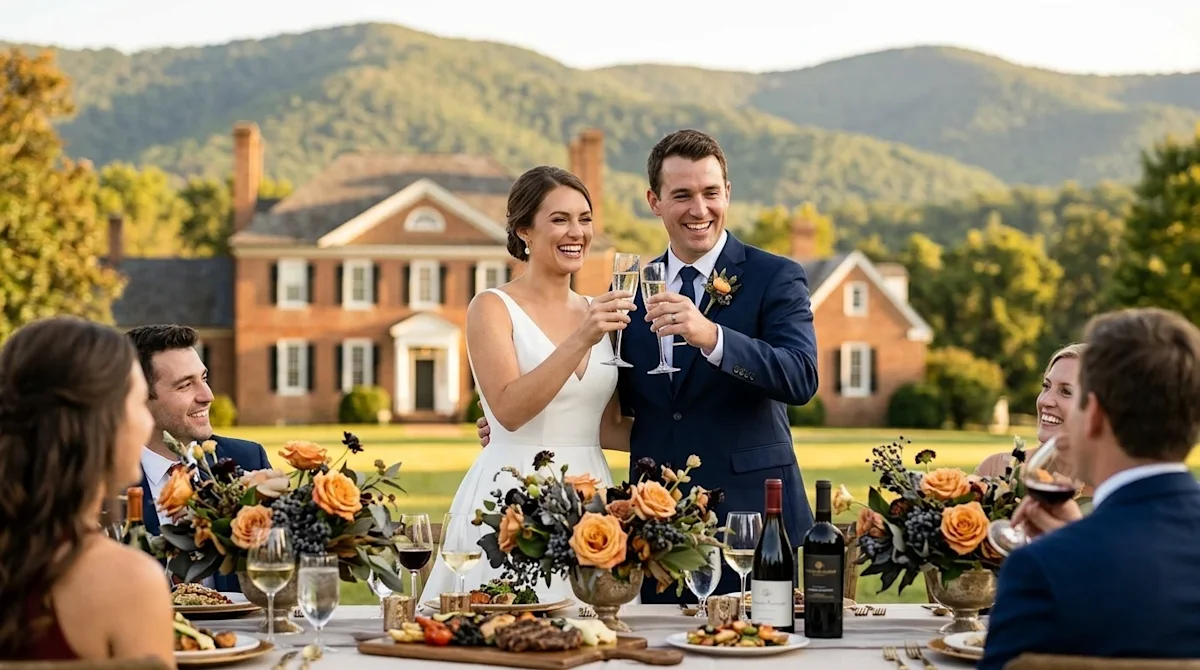 Professional photography of a joyful newlywed couple toasting with champagne at an elegant outdoor wedding reception in a sce