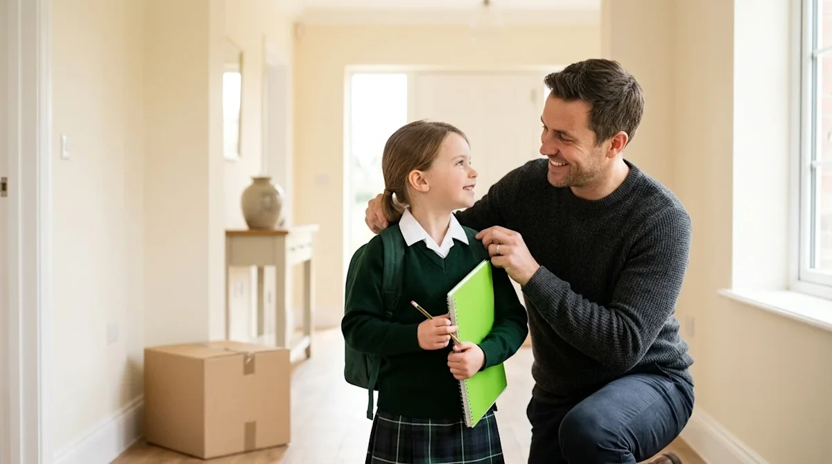Professional marketing lifestyle photography of a heartwarming morning routine. A smiling parent is gently adjusting the back