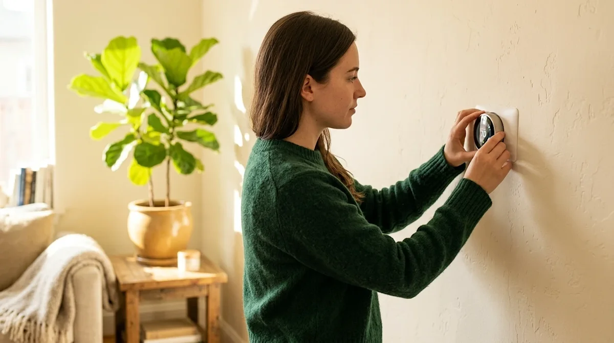 A high-quality, candid lifestyle photograph for a blog about lowering energy bills. The image features a person comfortably a