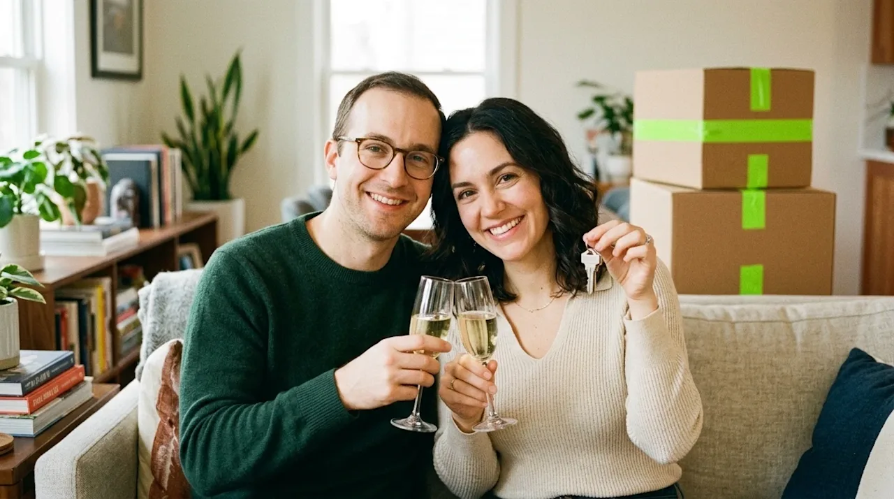 A candid lifestyle photograph shot on 35mm film of a joyful couple in a cozy living room celebrating their New Year's resolut