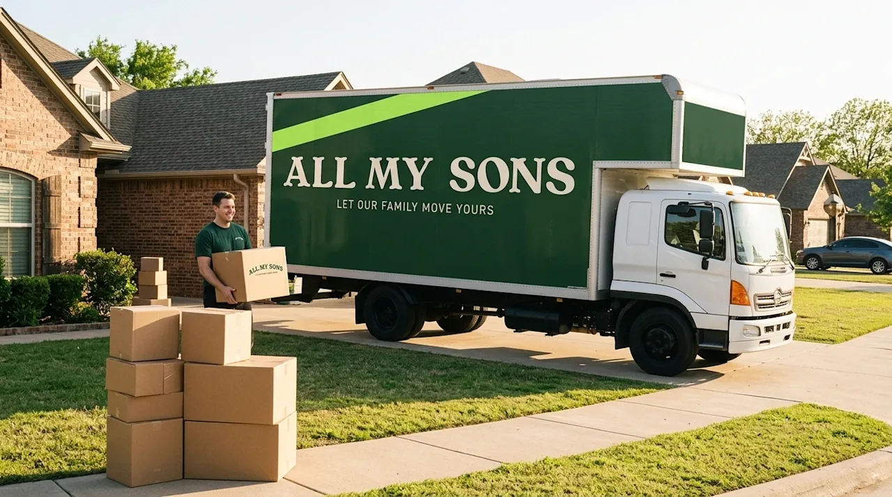 A lifestyle editorial photograph of a stress-free moving day in a pleasant, sunlit suburban neighborhood in Tulsa, Oklahoma,