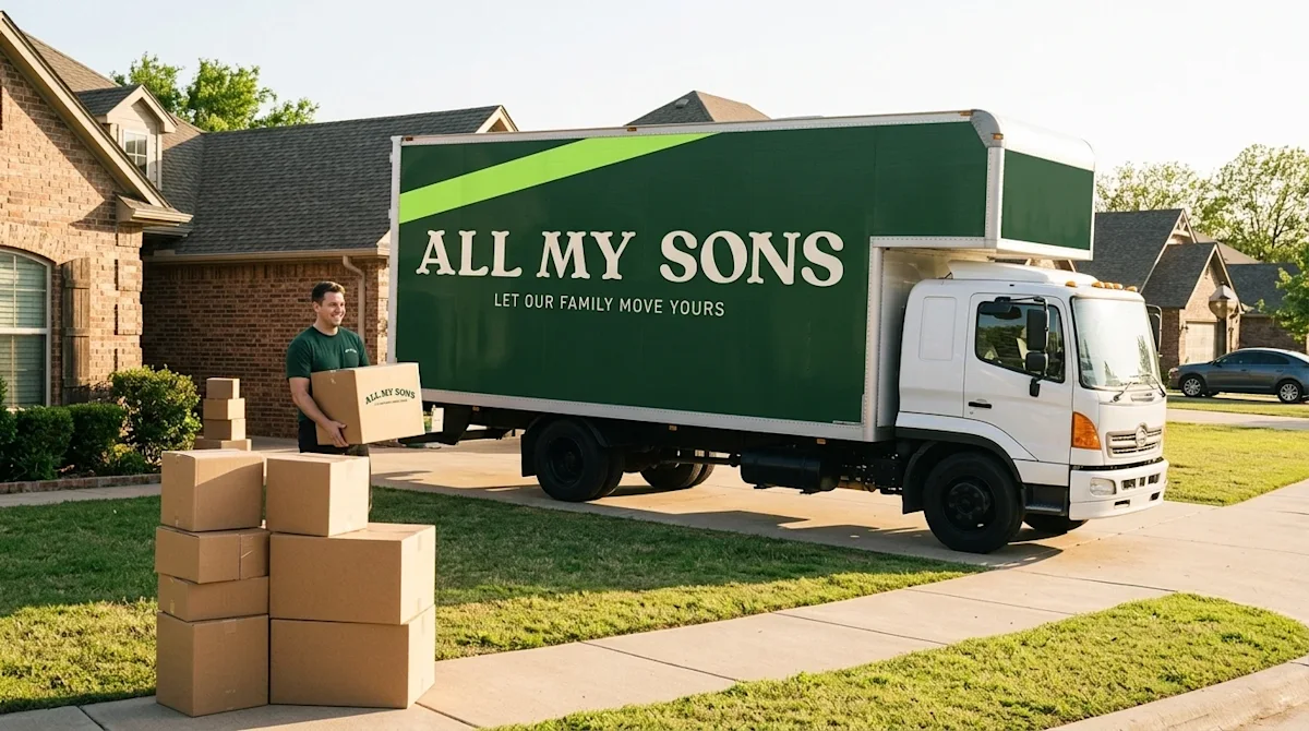 A lifestyle editorial photograph of a stress-free moving day in a pleasant, sunlit suburban neighborhood in Tulsa, Oklahoma,