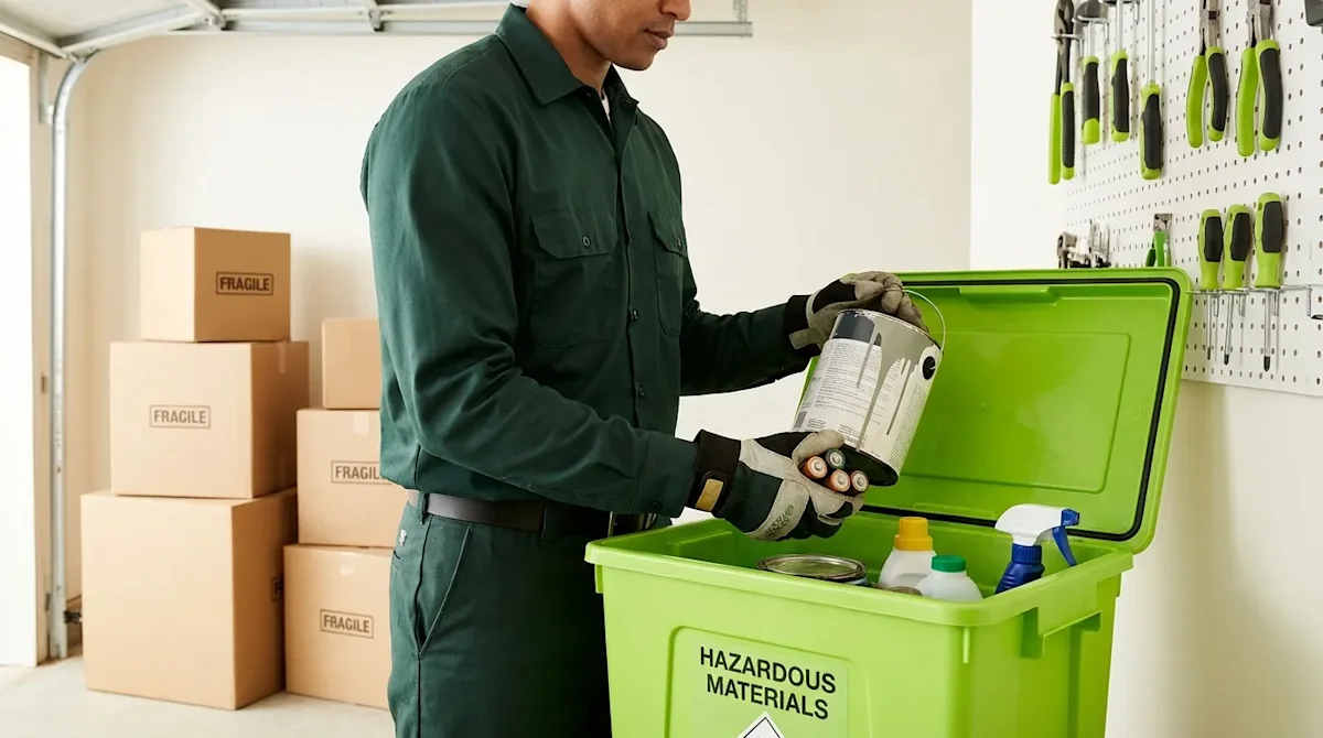 Mover in green uniform sorting hazardous materials into a safety bin next to fragile moving boxes in a garage.