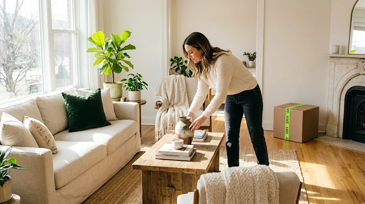 A high-quality lifestyle photograph of a bright, beautifully staged living room ready for a home showing. Warm, natural sunli
