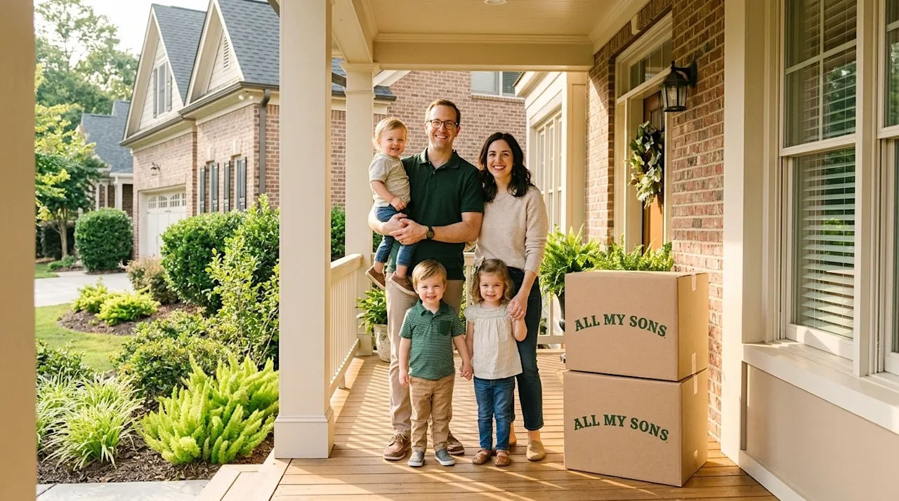Professional marketing photography of a happy, relaxed family with two young children standing together on the sunlit front p