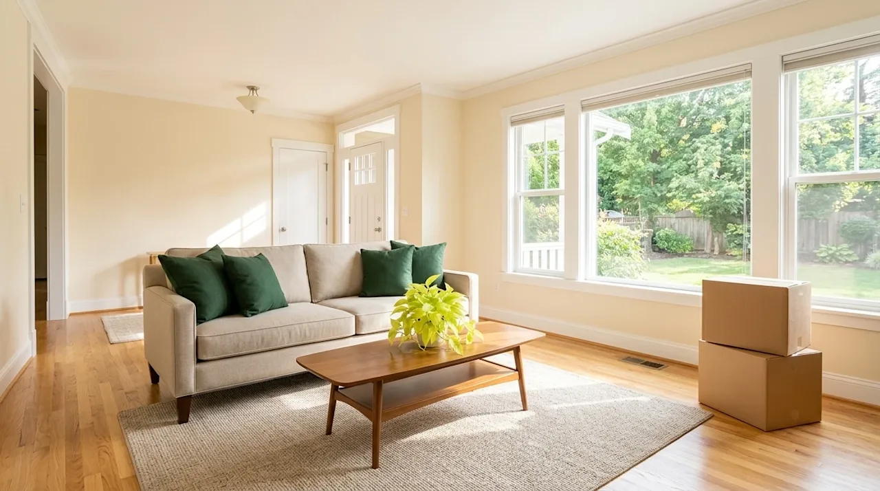 A photorealistic, high-quality photograph of a bright, impeccably clean, and beautifully staged suburban Midwestern living ro