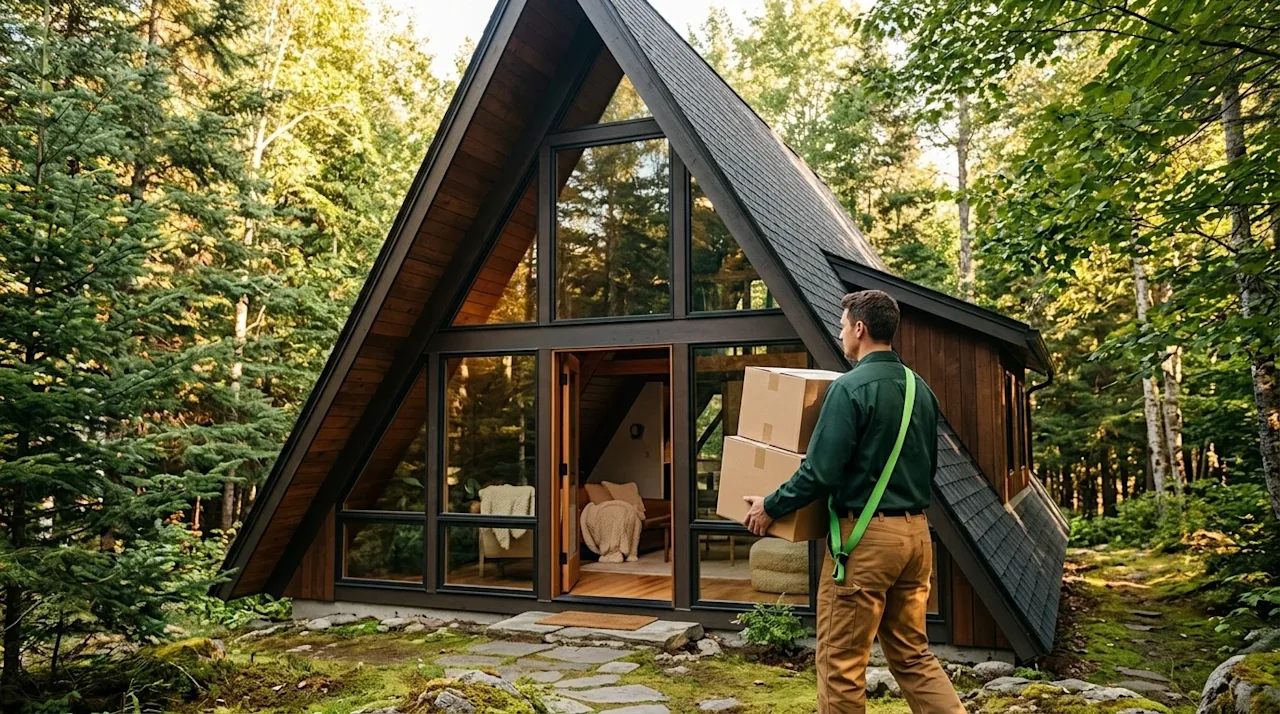 Professional marketing photography of a highly unique, architecturally striking modern A-frame house with expansive glass win