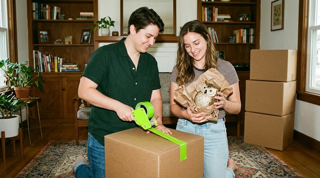 A candid, authentic 35mm film lifestyle photograph of a smiling couple happily packing up their cozy home for a DIY move. One