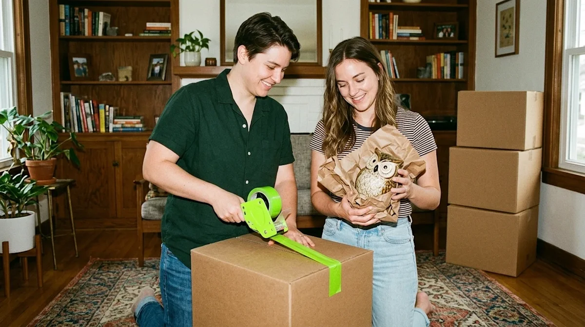 A candid, authentic 35mm film lifestyle photograph of a smiling couple happily packing up their cozy home for a DIY move. One