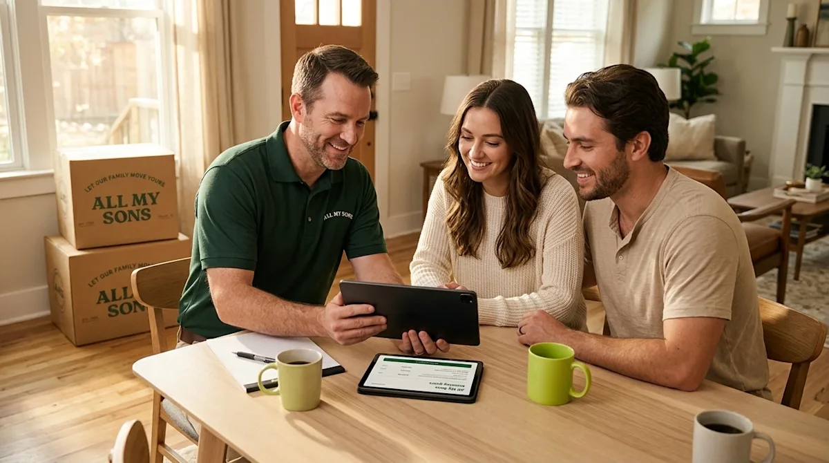Authentic lifestyle photography of a friendly, professional moving consultant in a dark forest green polo shirt sitting at a