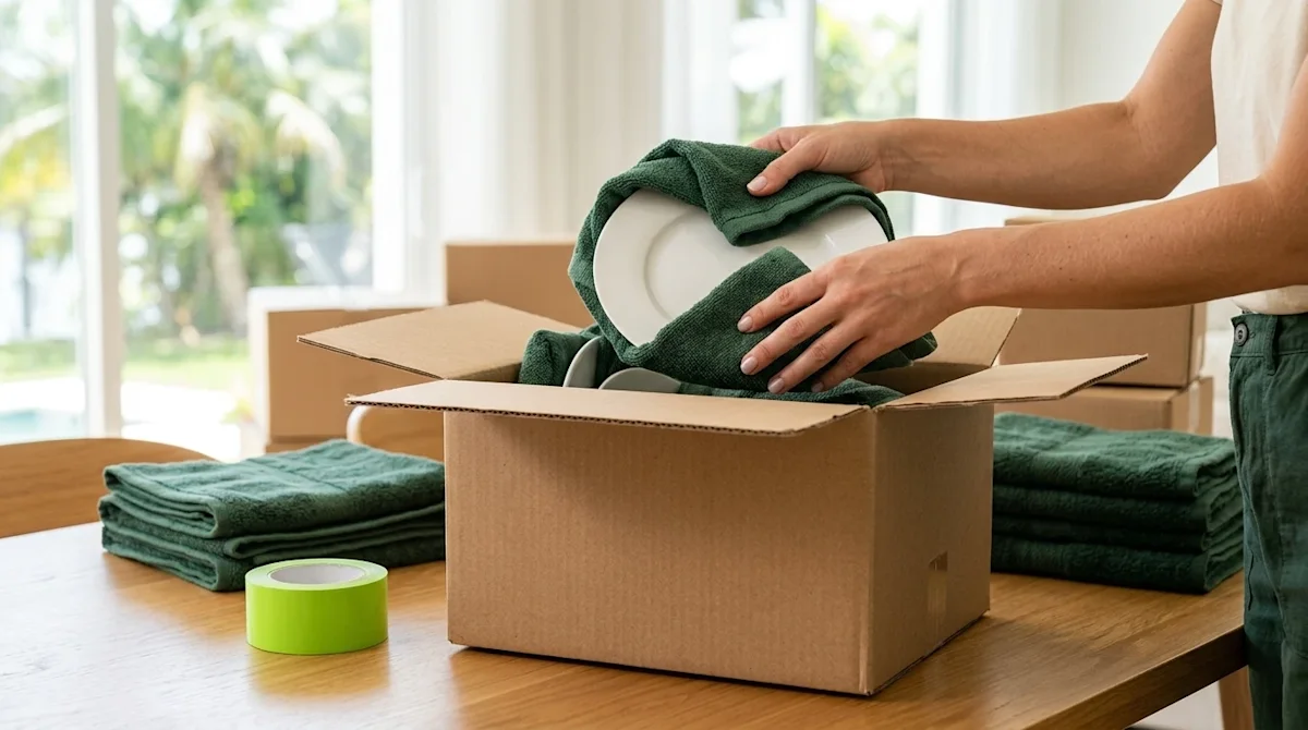Professional lifestyle photography, close-up shot of an ingenious packing hack in action. A pair of hands is carefully wrappi