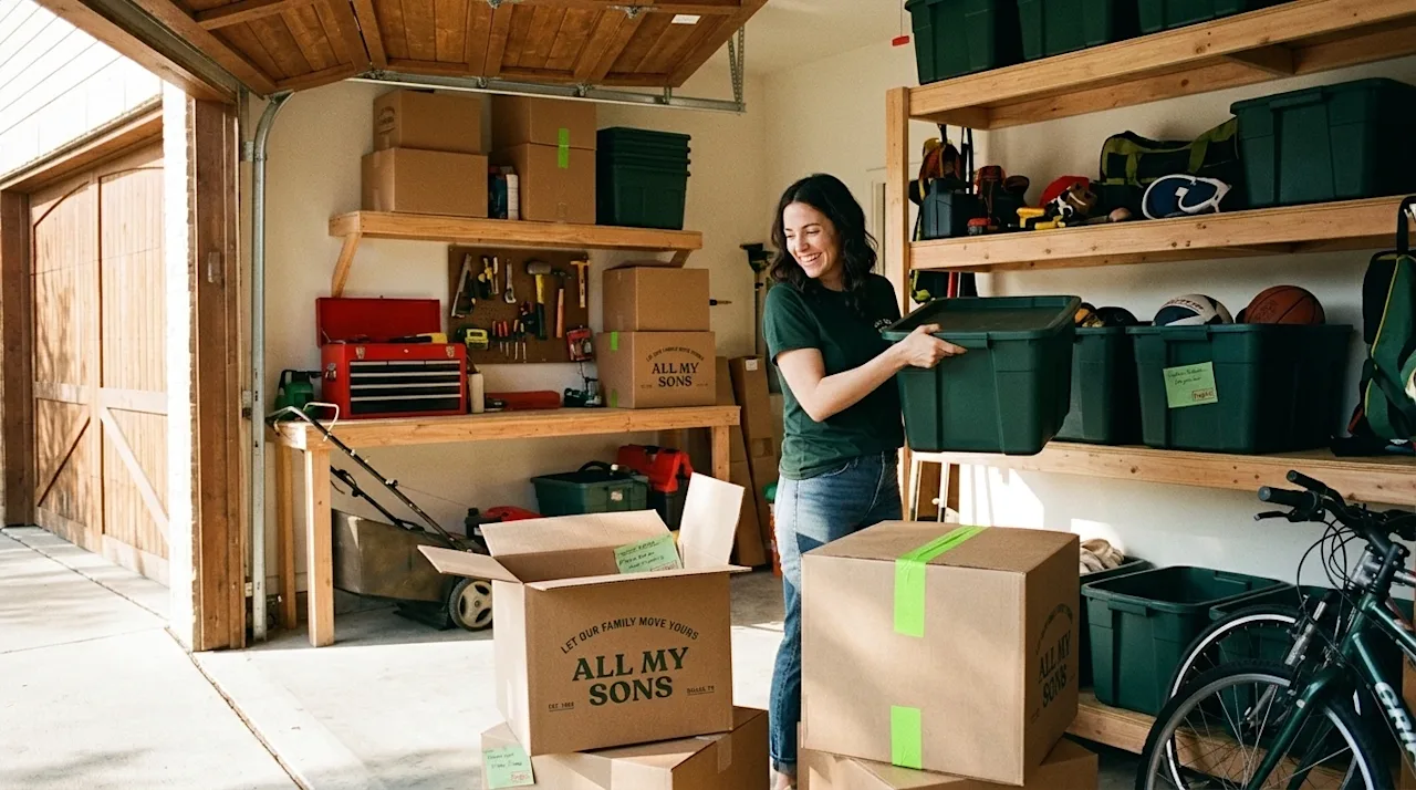 Candid lifestyle photography of a person organizing a bright home garage, vintage 35mm film aesthetic. The scene is warmly li