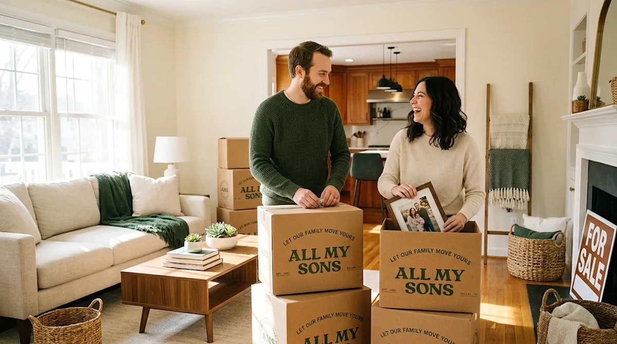 A photorealistic, candid lifestyle photograph of a couple happily packing kraft brown moving boxes in a beautifully staged, b