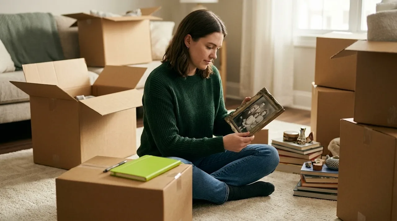 A candid, authentic lifestyle photograph of a person sitting on a living room floor, thoughtfully sorting through personal be