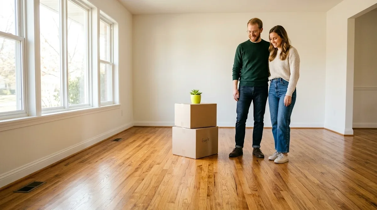 High-quality lifestyle photography of a bright, spacious, empty living room with gleaming, pristine warm oak hardwood floors