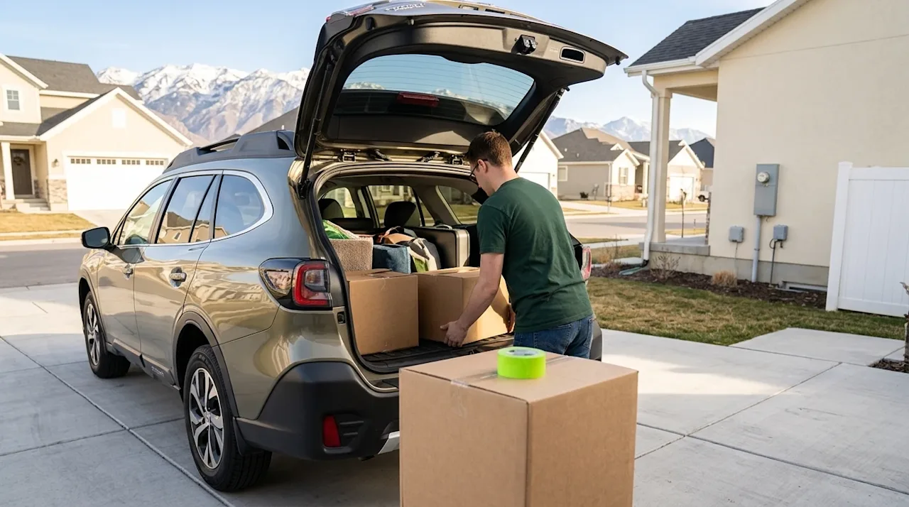 High-quality lifestyle photography of a modern car parked in a clean residential driveway with its trunk open, being prepared