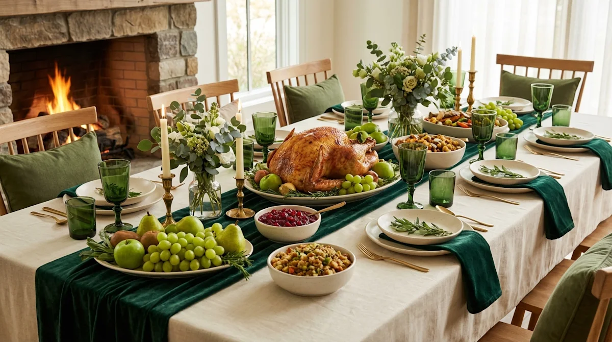 Elegant Thanksgiving dinner table setting with deep green accents and a roasted turkey in a cozy new home.