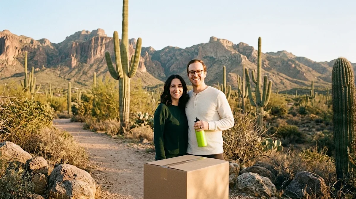 A high-quality lifestyle photograph of a happy couple exploring a scenic desert trail in Saguaro National Park, Tucson, Arizo