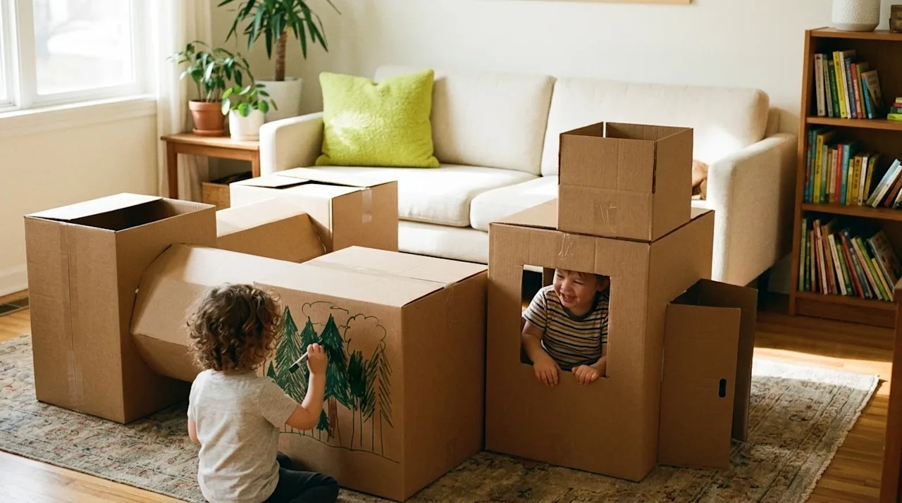 A candid, high-quality lifestyle photograph showing creative ways to reuse moving supplies. In a cozy, sunlit living room, tw