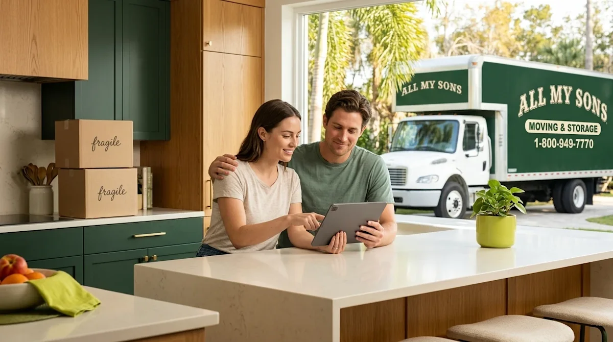 Clear, professional marketing photography of a happy, relaxed couple sitting at a clean kitchen island in a brightly lit, sun