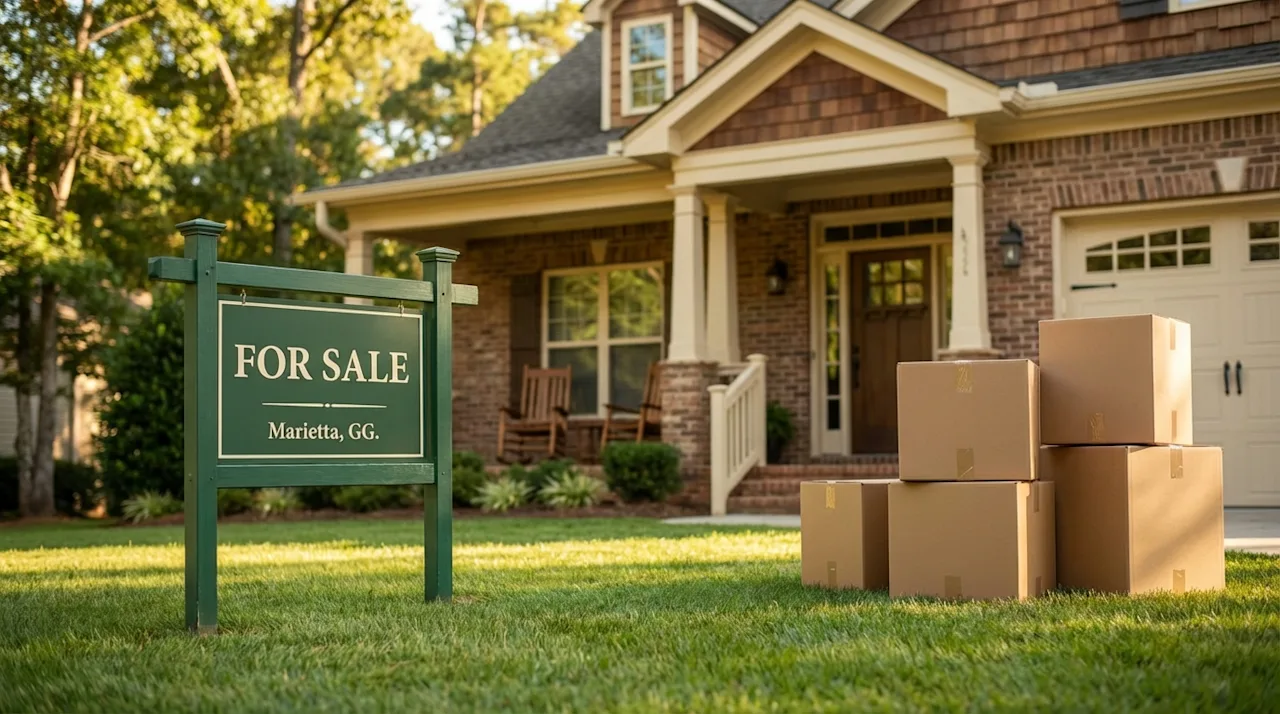 Charming Marietta home for sale with stacked moving boxes on a manicured lawn under warm sunlight.