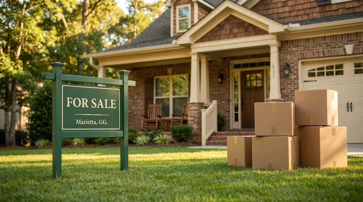 Charming Marietta home for sale with stacked moving boxes on a manicured lawn under warm sunlight.
